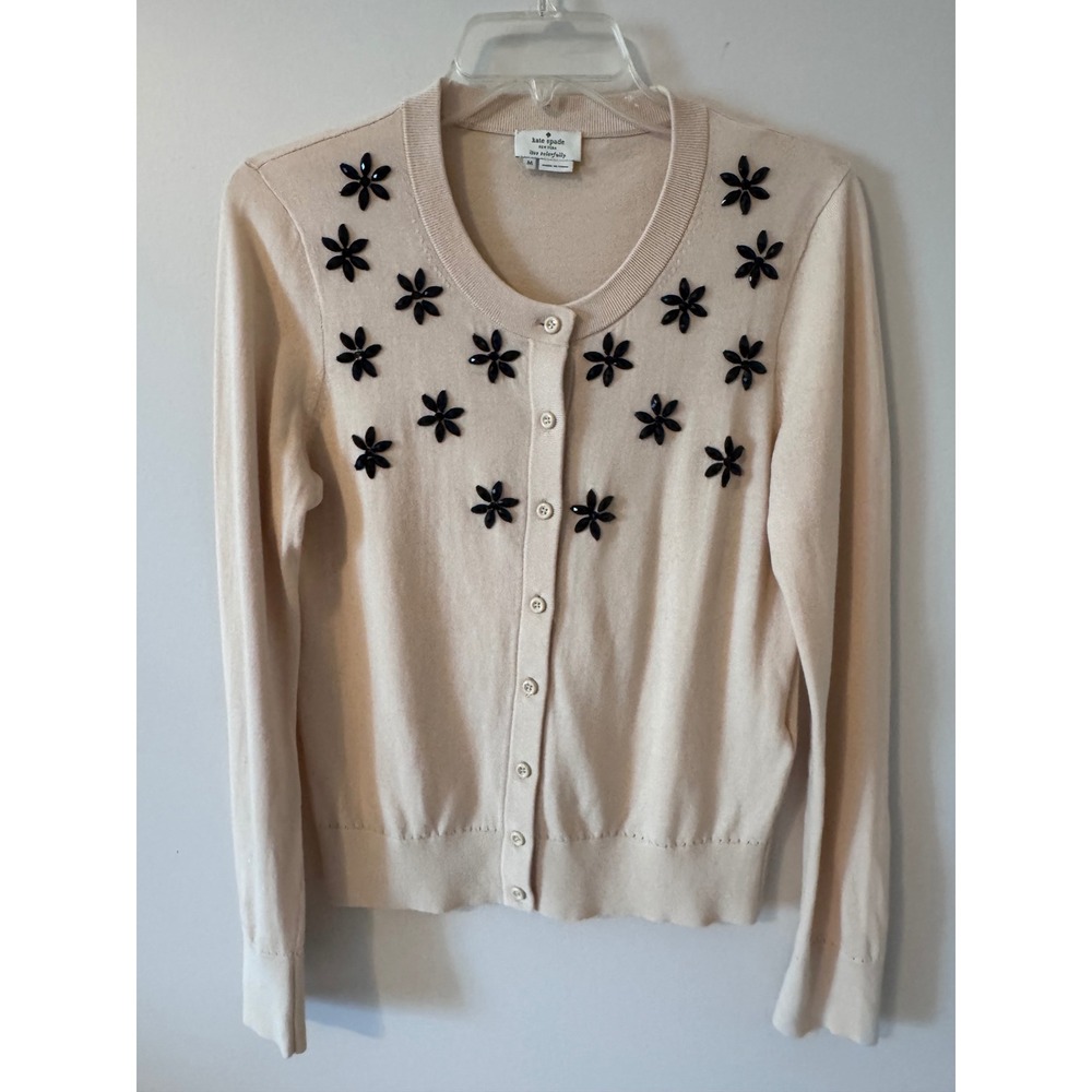 Kate Spade New York Cream Cotton Beaded Floral Cardigan Sweater OUMU0328 M